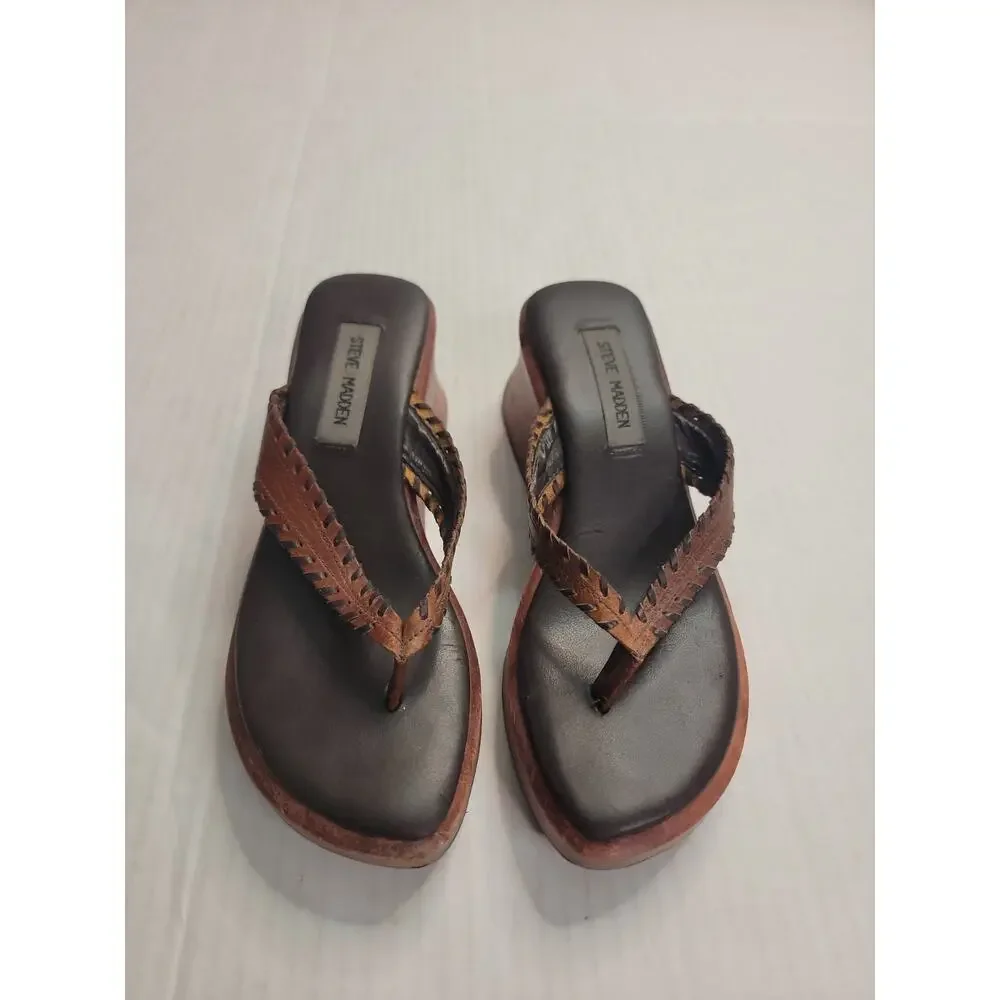 Vintage Steve Madden Chunky Wood Platform Wedge Sandals Size 7.5B Tan Boho Y2K